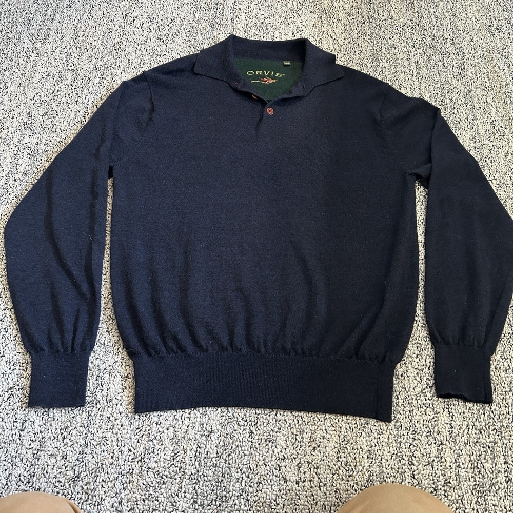 Rare Orvis Men's L Wool 3 Button Navy Sweater Pullover